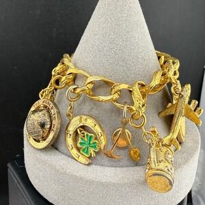 Vintage‎ Monet Charm Bracelet Gold Tone Zodiac Airplane Cable Car Travel 6.5in